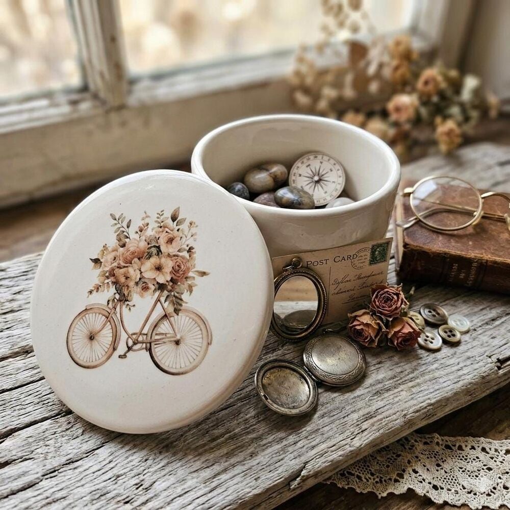 Trinket Box – Upcycled Ceramic Keepsake Jar – Romantic Style Jewelry Dish